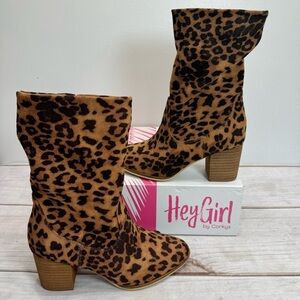 Hey Girl by Corky’s Wicked Leopard Faux Suede Slip On Soft Shaft Heeled Boots